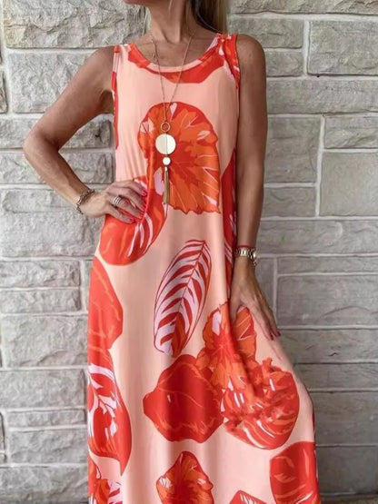 Printed Round Neck Mini Tank Dress Orange Fitggins