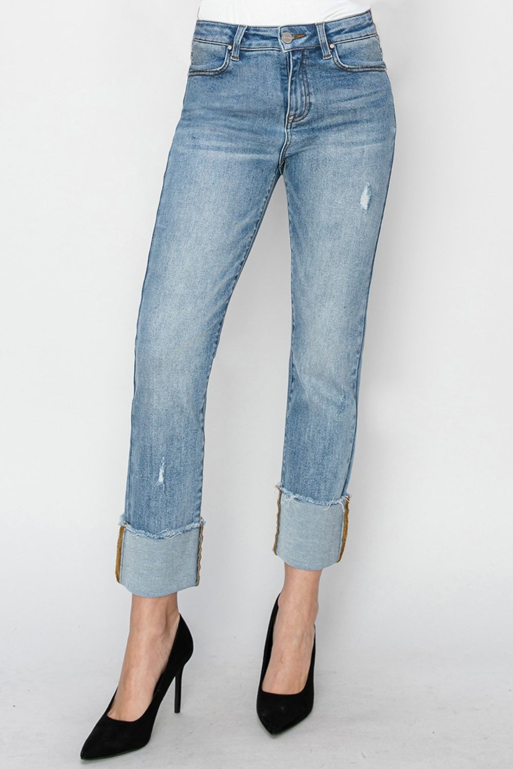 RISEN Full Size High Rise Cuffed Slim Straight Jeans - Jeans - FITGGINS