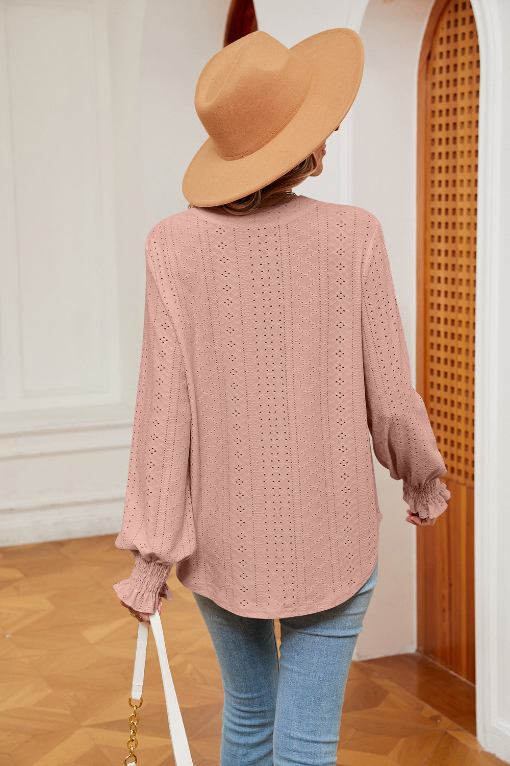 Notched Neck Flounce Sleeve Blouse Fitggins