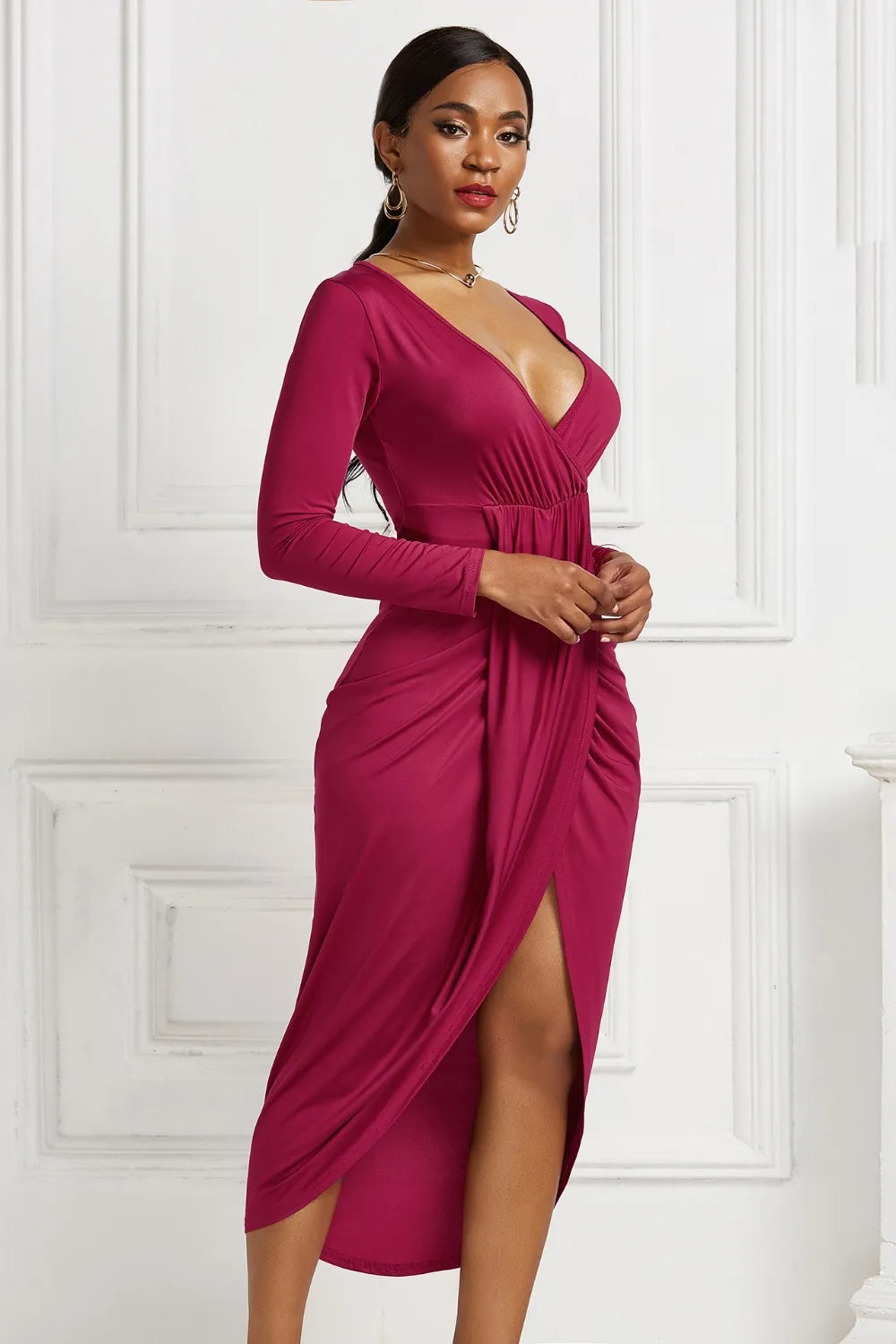 High-low Ruched Surplice Long Sleeve Dress Fitggins