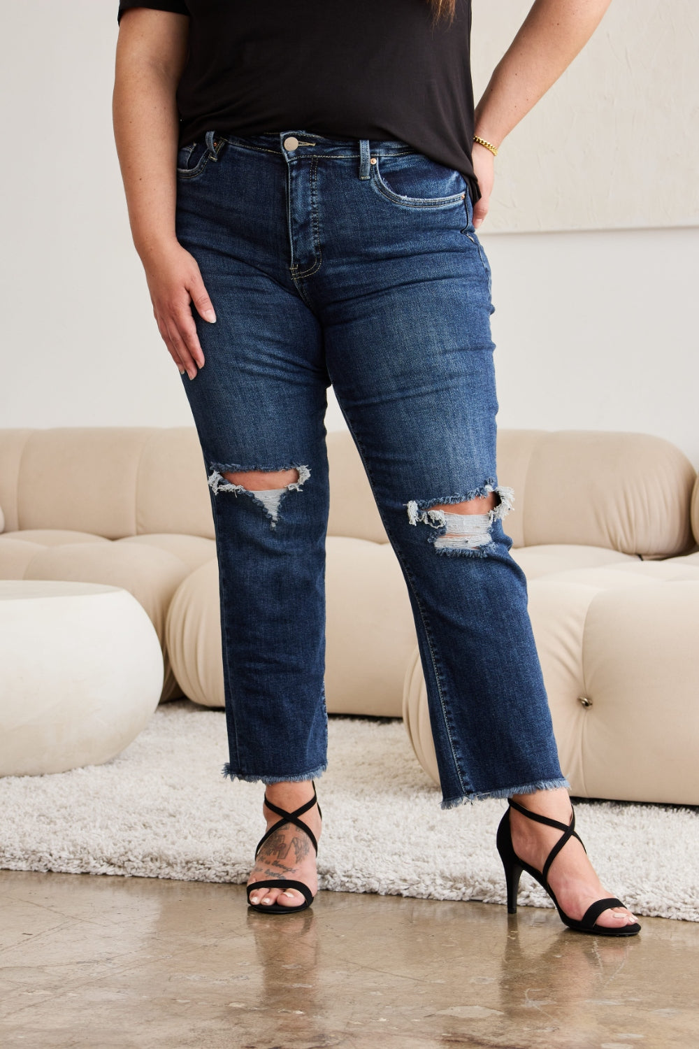 RFM Crop Dylan Full Size Tummy Control Distressed High Waist Raw Hem Jeans - Jeans - FITGGINS