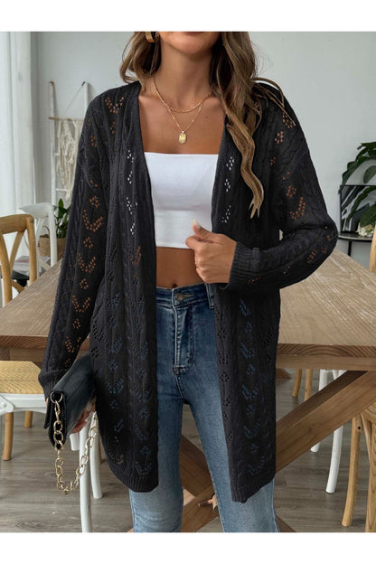 Openwork Open Front Long Sleeve Cardigan - Cardigans - FITGGINS