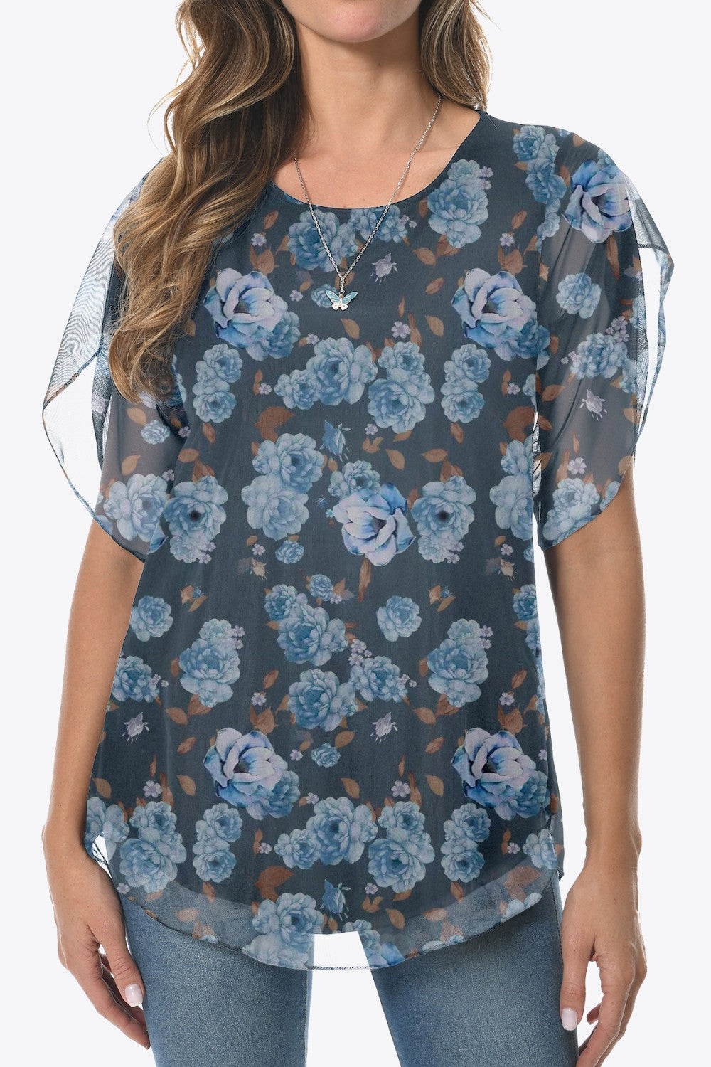 Printed Round Neck Curved Hem Blouse - Blouses - FITGGINS