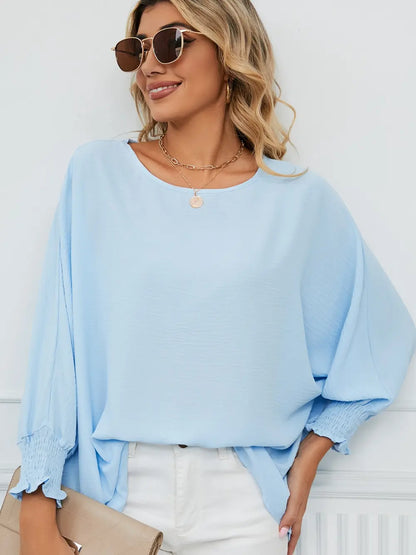 Smocked Lantern Sleeve Round Neck Blouse Fitggins