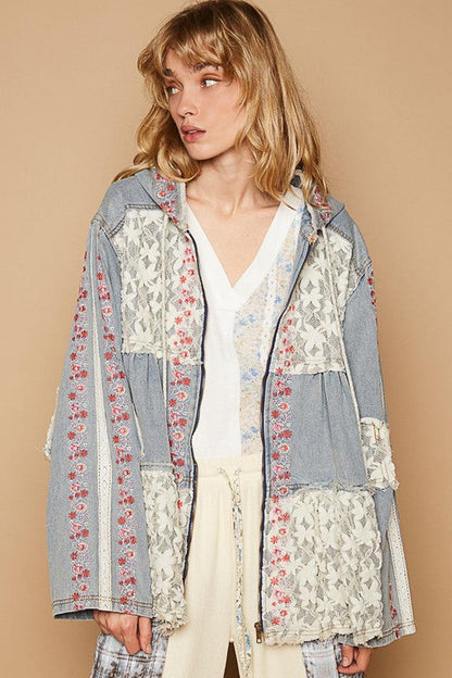 POL Embroidered Lace Patch Zip Up Hooded Jacket - Jackets - FITGGINS