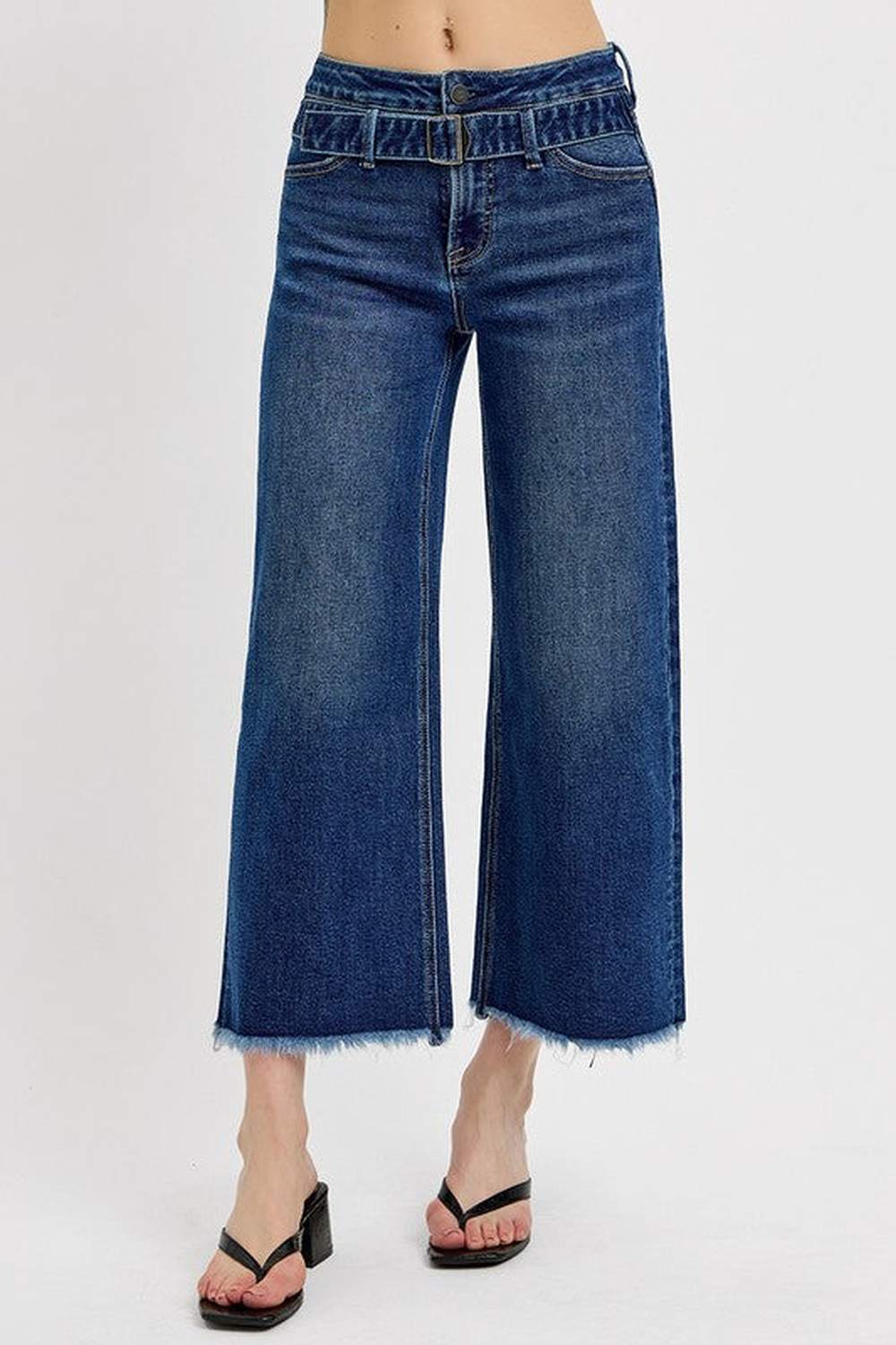 RISEN Raw Hem Wide Leg Attached Buckle Jeans - Jeans - FITGGINS