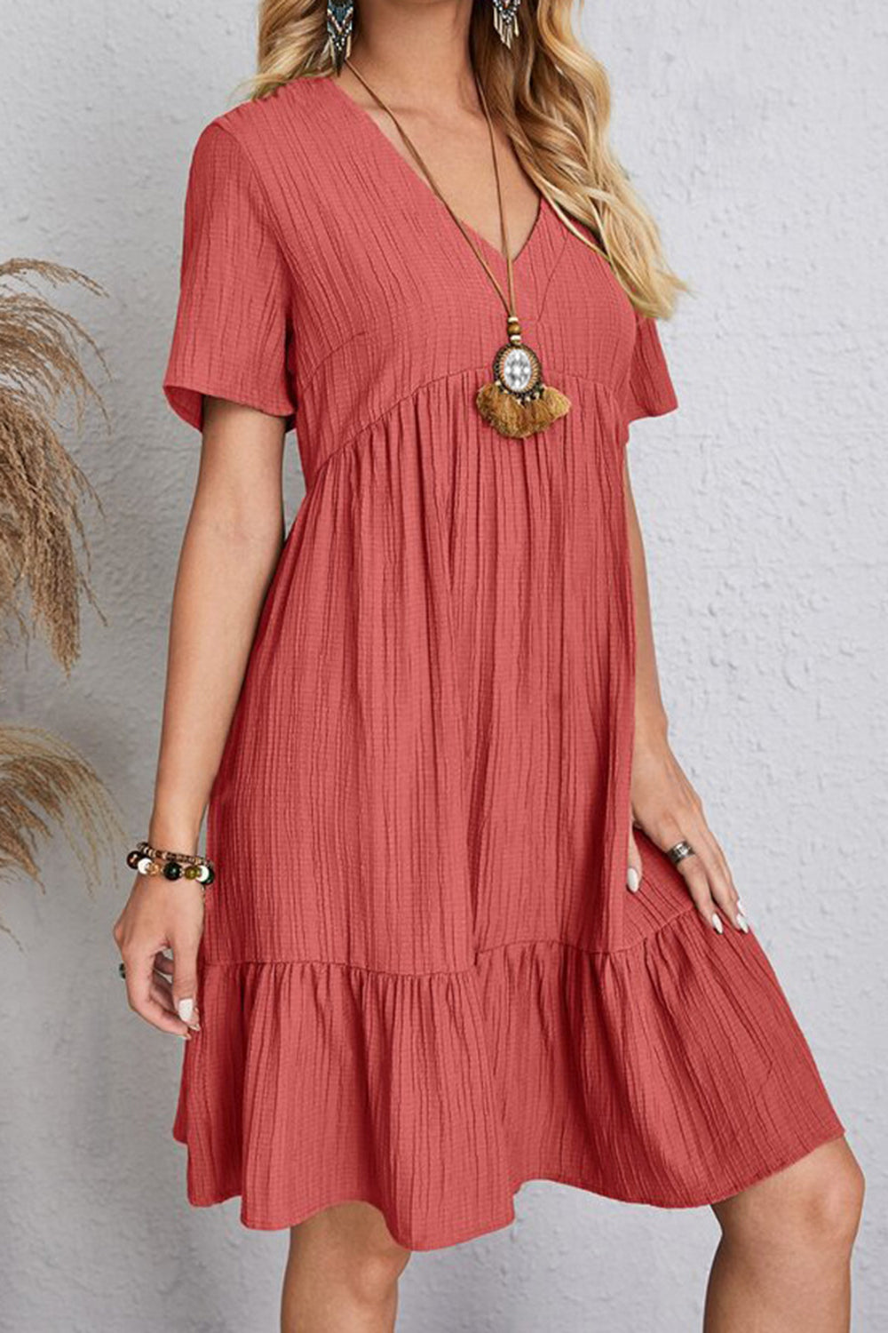 Full Size Ruched V-Neck Short Sleeve Dress - Casual & Maxi Dresses - FITGGINS