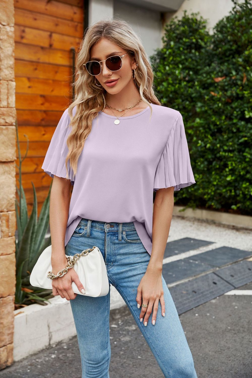 Pleated Flutter Sleeve Round Neck Blouse Lilac Fitggins