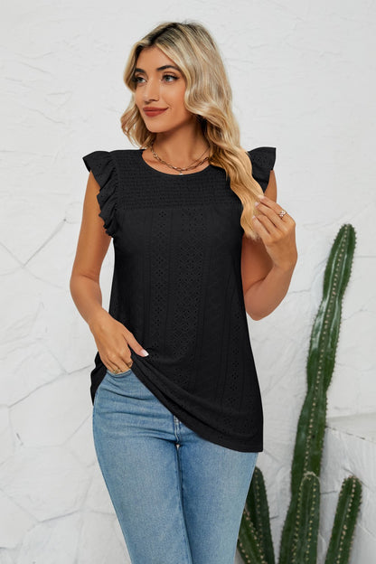 Smocked Round Neck Eyelet Top Black Fitggins