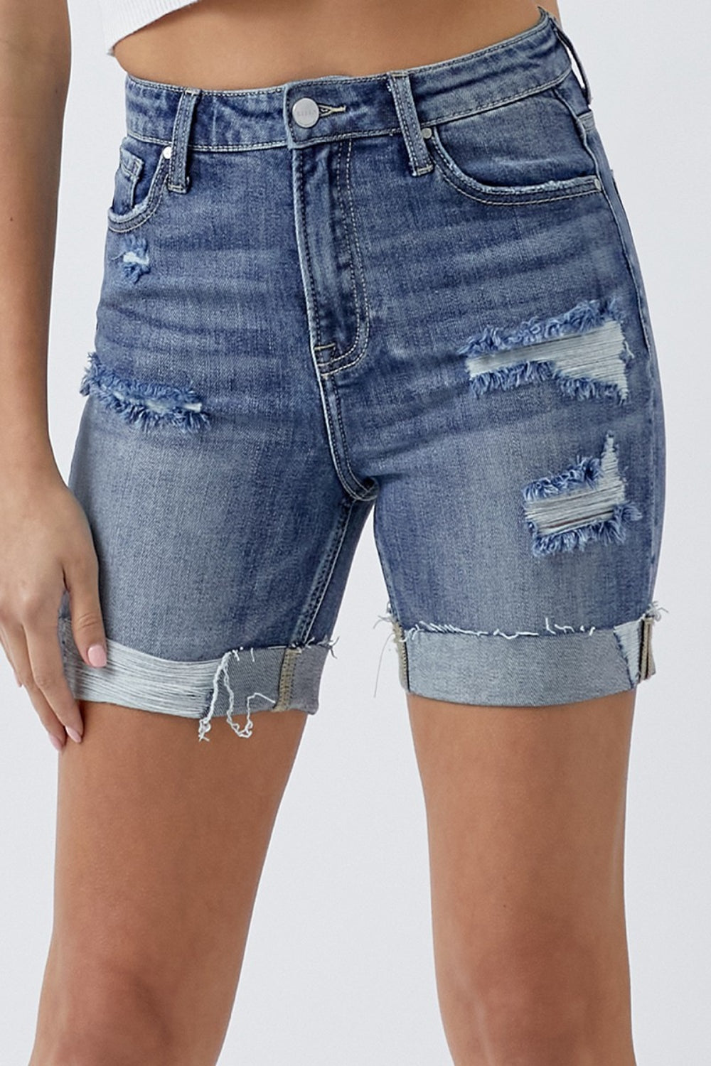 RISEN Full Size Distressed Rolled Denim Shorts with Pockets - Denim Shorts - FITGGINS