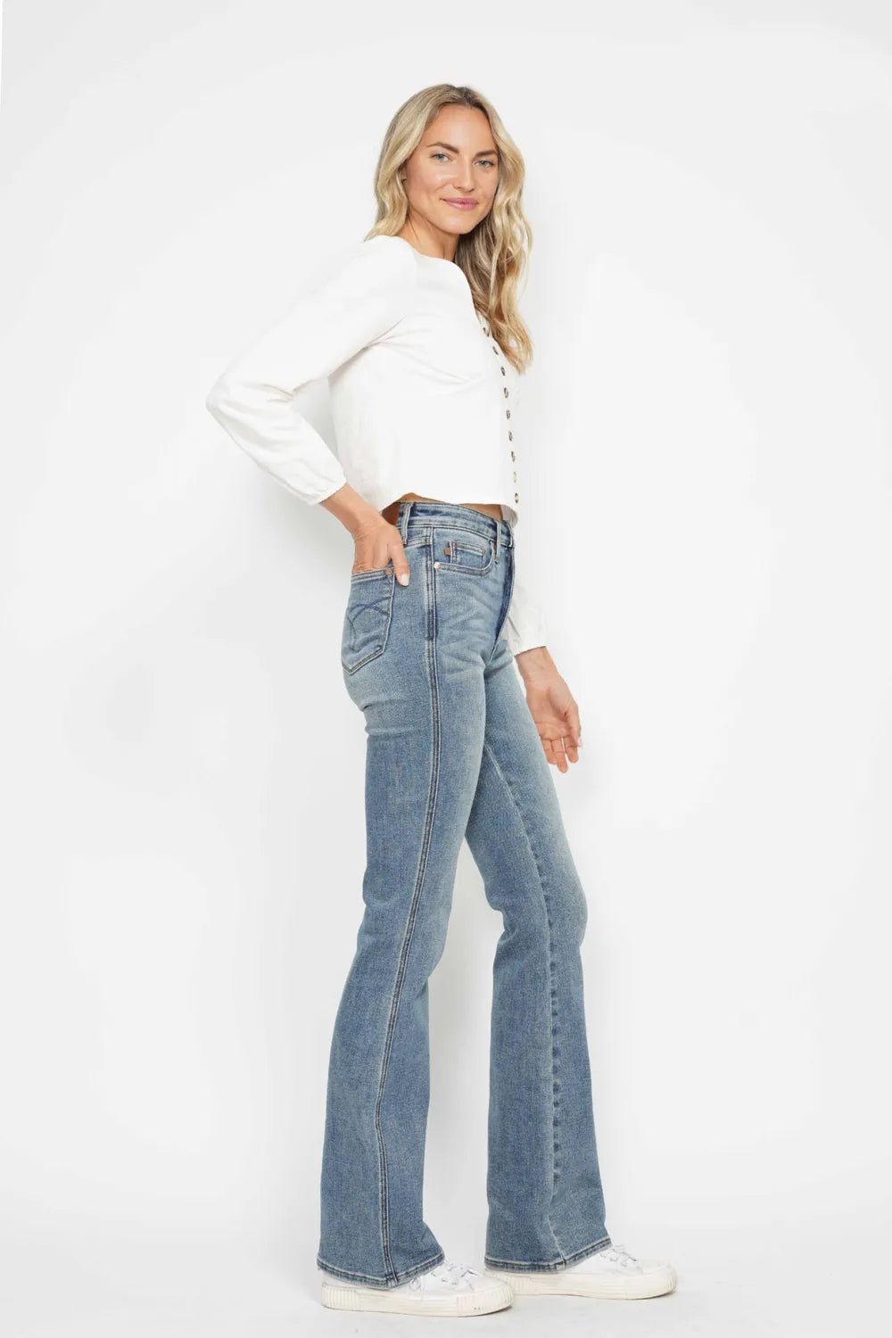 Judy Blue Full Size Tummy Control Back Embroidered Pocketed Bootcut Jeans Plus Size Fitggins