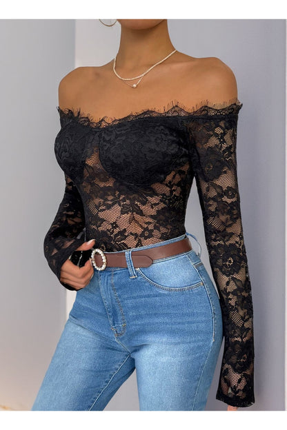 Perfee Lace Off-Shoulder Long Sleeve Bodysuit - Bodysuit - FITGGINS