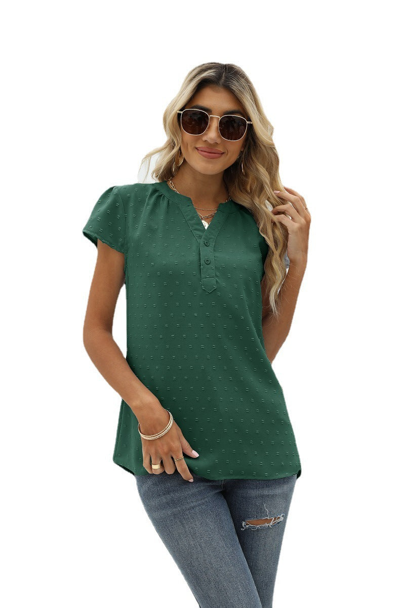 Swiss Dot Notched Neck Short Sleeve Top Fitggins