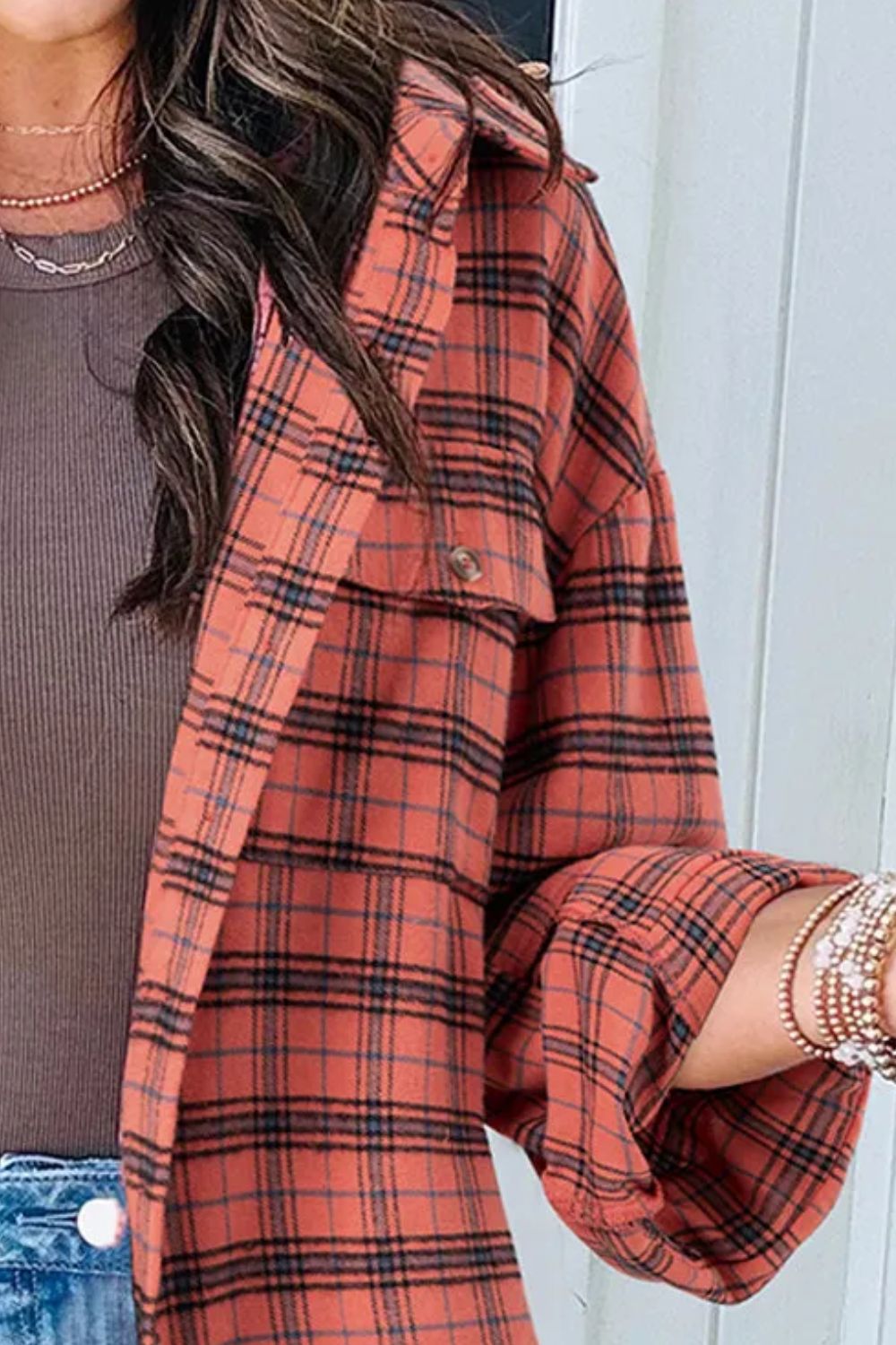 Full Size Plaid Collared Neck Long Sleeve Shirt - Shirts - FITGGINS