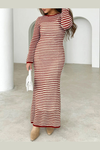 Devine Tied Round Neck Striped Sweater Dress - Sweater Dresses - FITGGINS