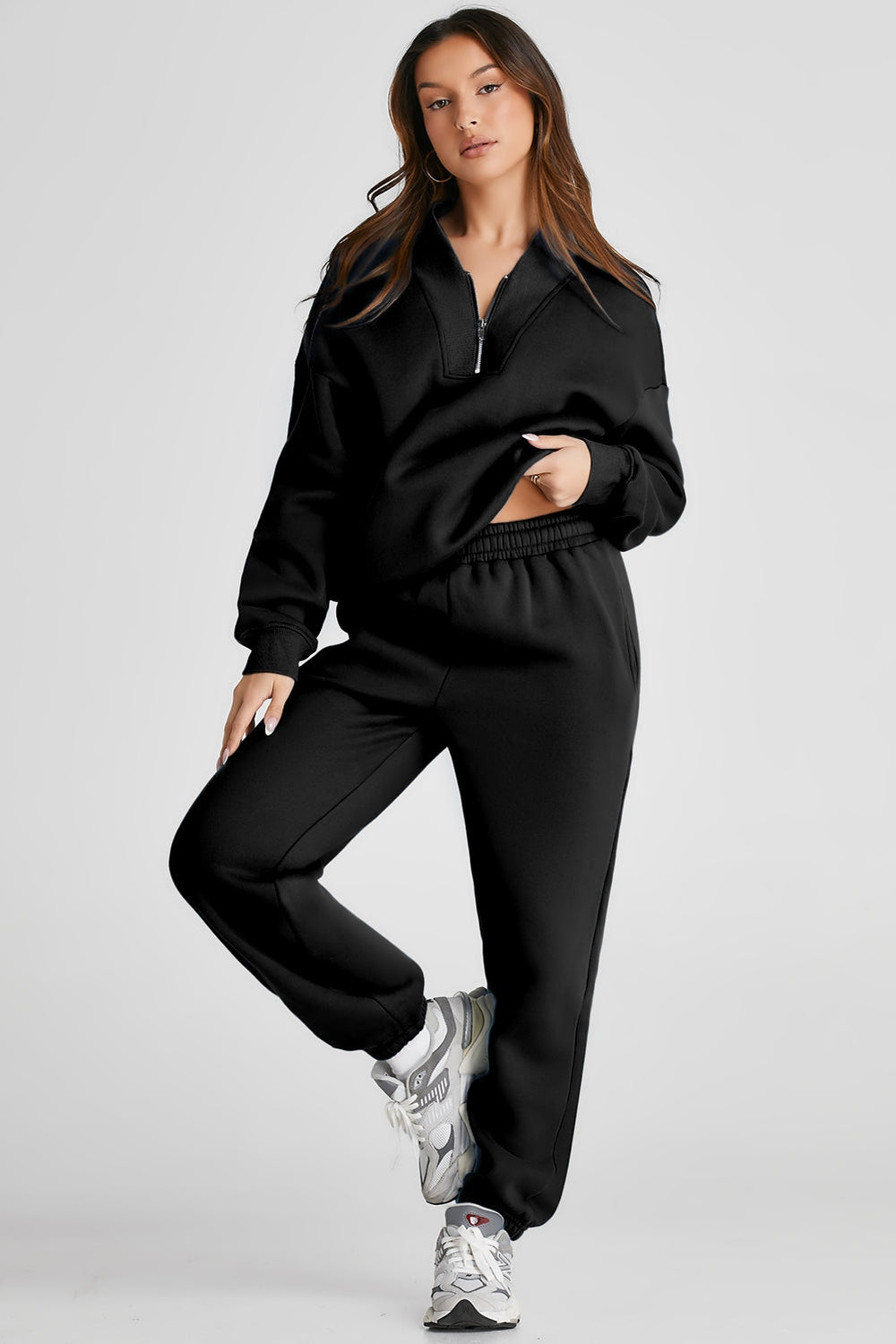 Quarter Zip Long Sleeve Top and Pants Set - Active Set - FITGGINS