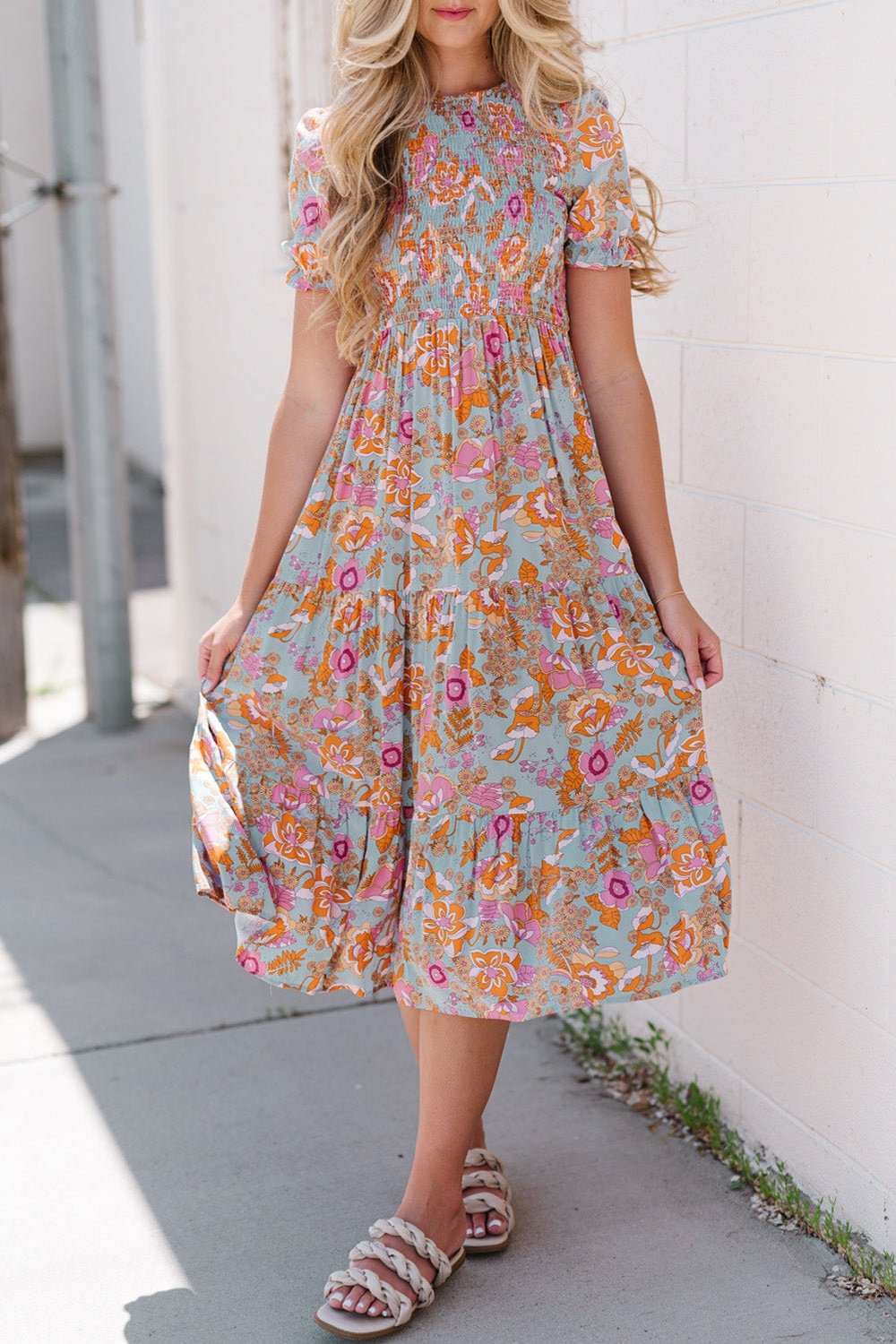 Floral Flounce Sleeve Round Neck Midi Dress - Casual & Maxi Dresses - FITGGINS