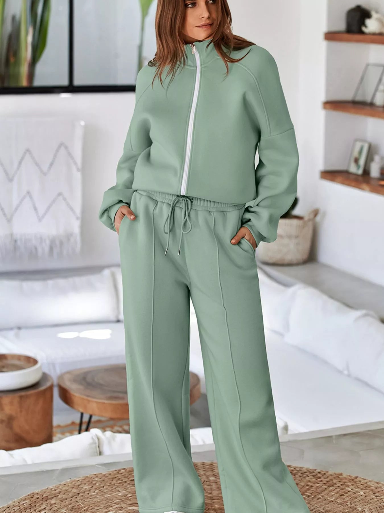 Drop Shoulder Zip Up Jacket and Drawstring Pants Active 2pcs Set Fitggins