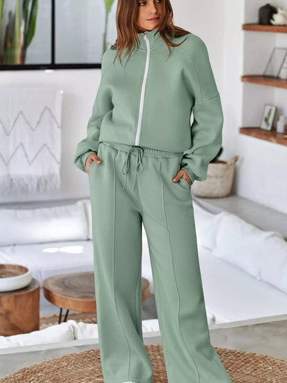 Drop Shoulder Zip Up Jacket and Drawstring Pants Active 2pcs Set Fitggins