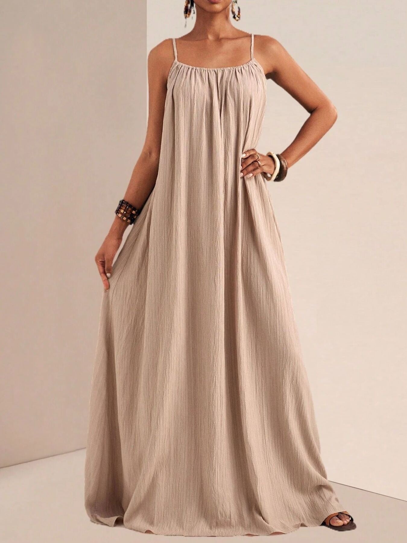 Spaghetti Strap Flowy Maxi Dress Khaki Fitggins