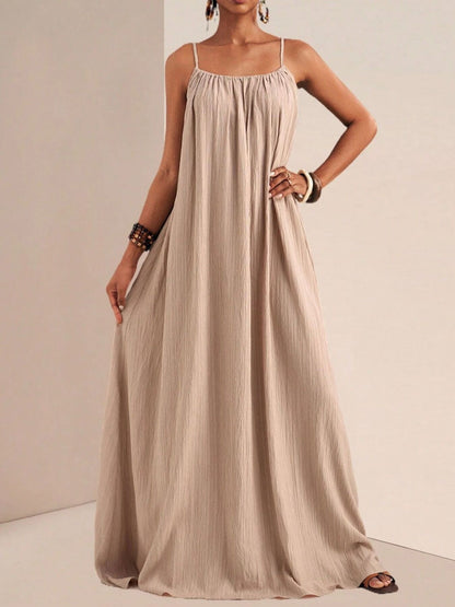 Spaghetti Strap Flowy Maxi Dress Khaki Fitggins