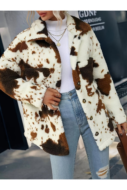 Cow Print Collared Neck Button Up Fuzzy Jacket - Jackets - FITGGINS