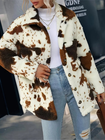 Cow Print Collared Neck Button-Up Fuzzy Jacket Ivory Fitggins