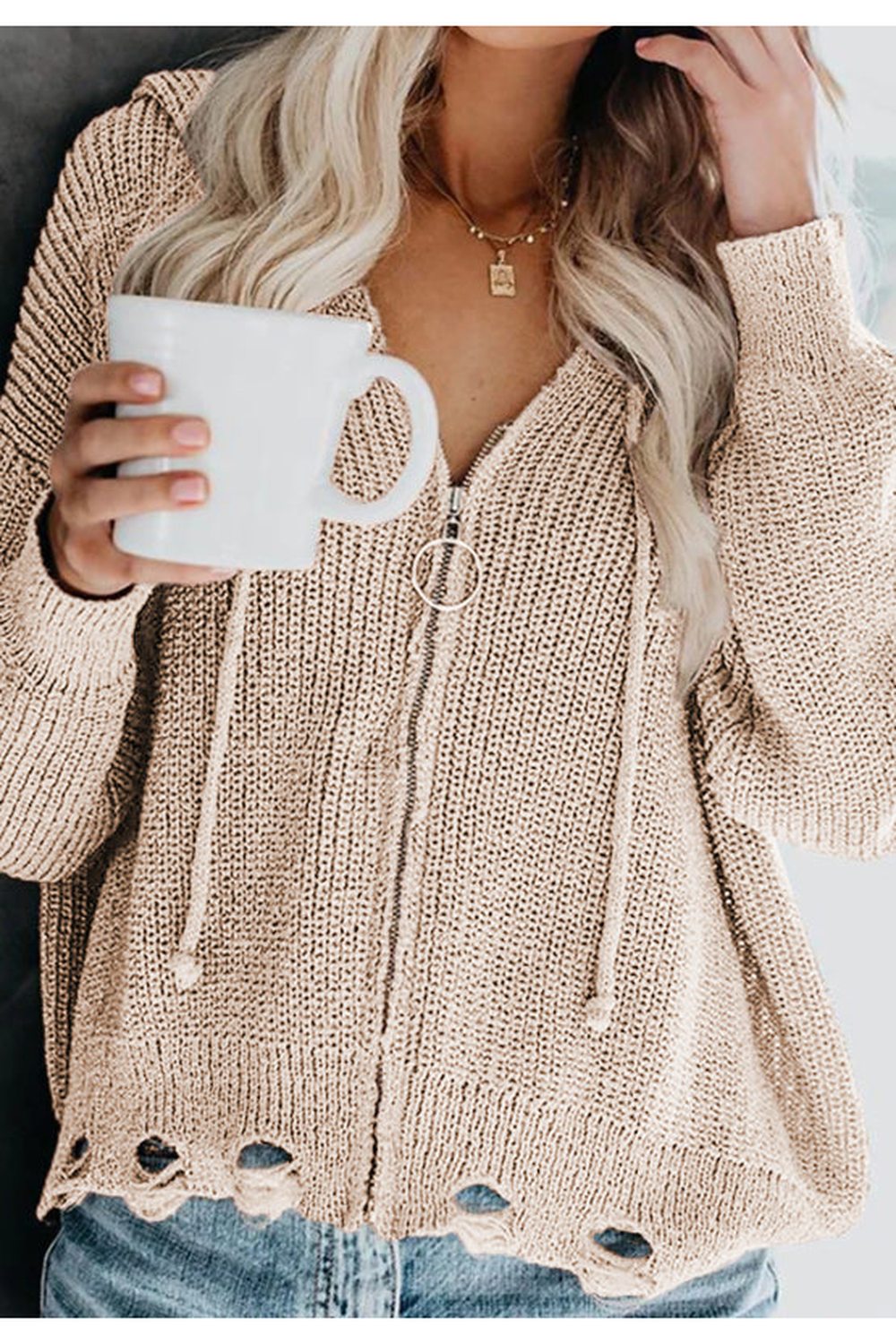 Distressed Zip Up Drawstring Hooded Cardigan Fitggins