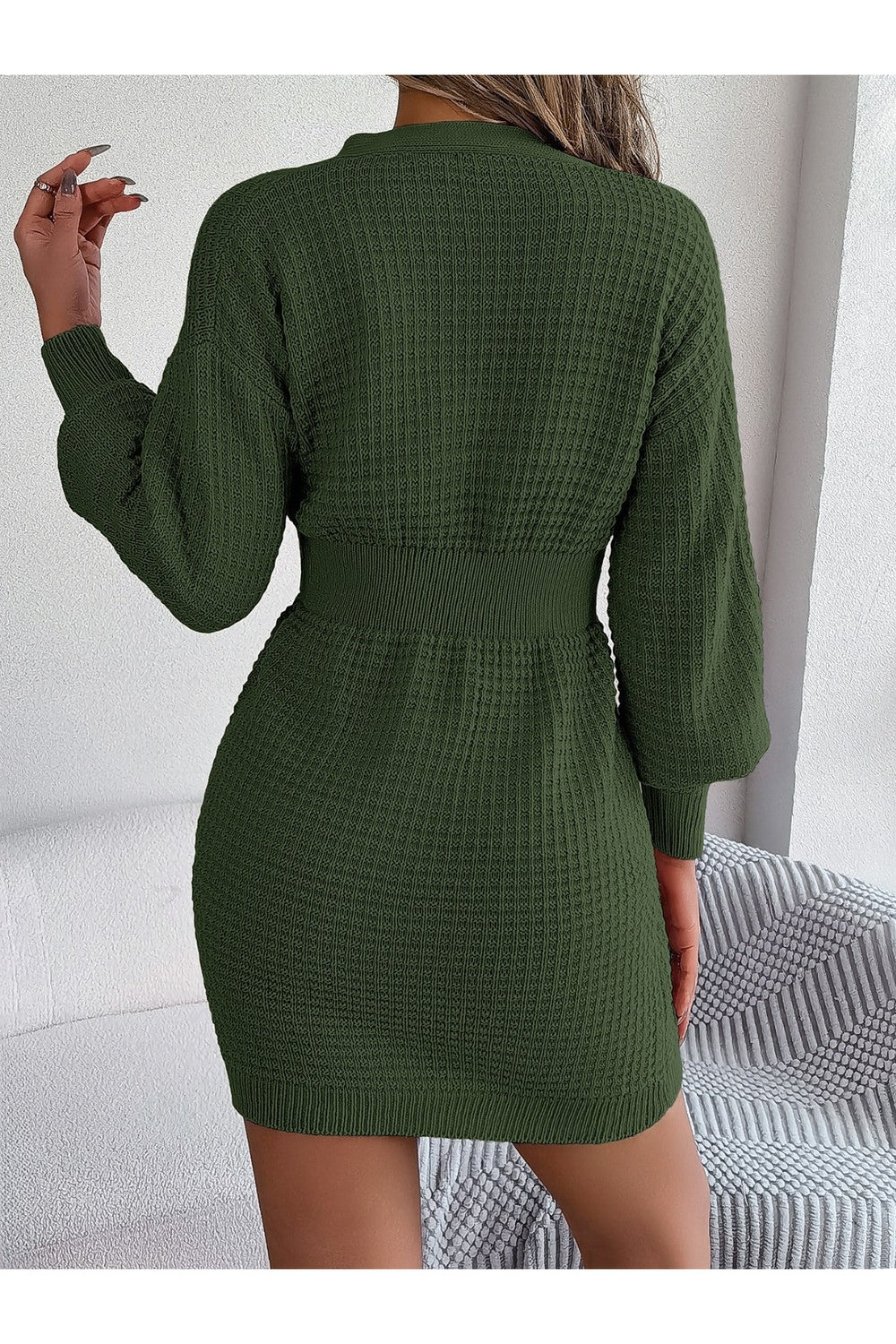 Buttoned Cable-Knit V-Neck Sweater Dress - Sweater Dresses - FITGGINS