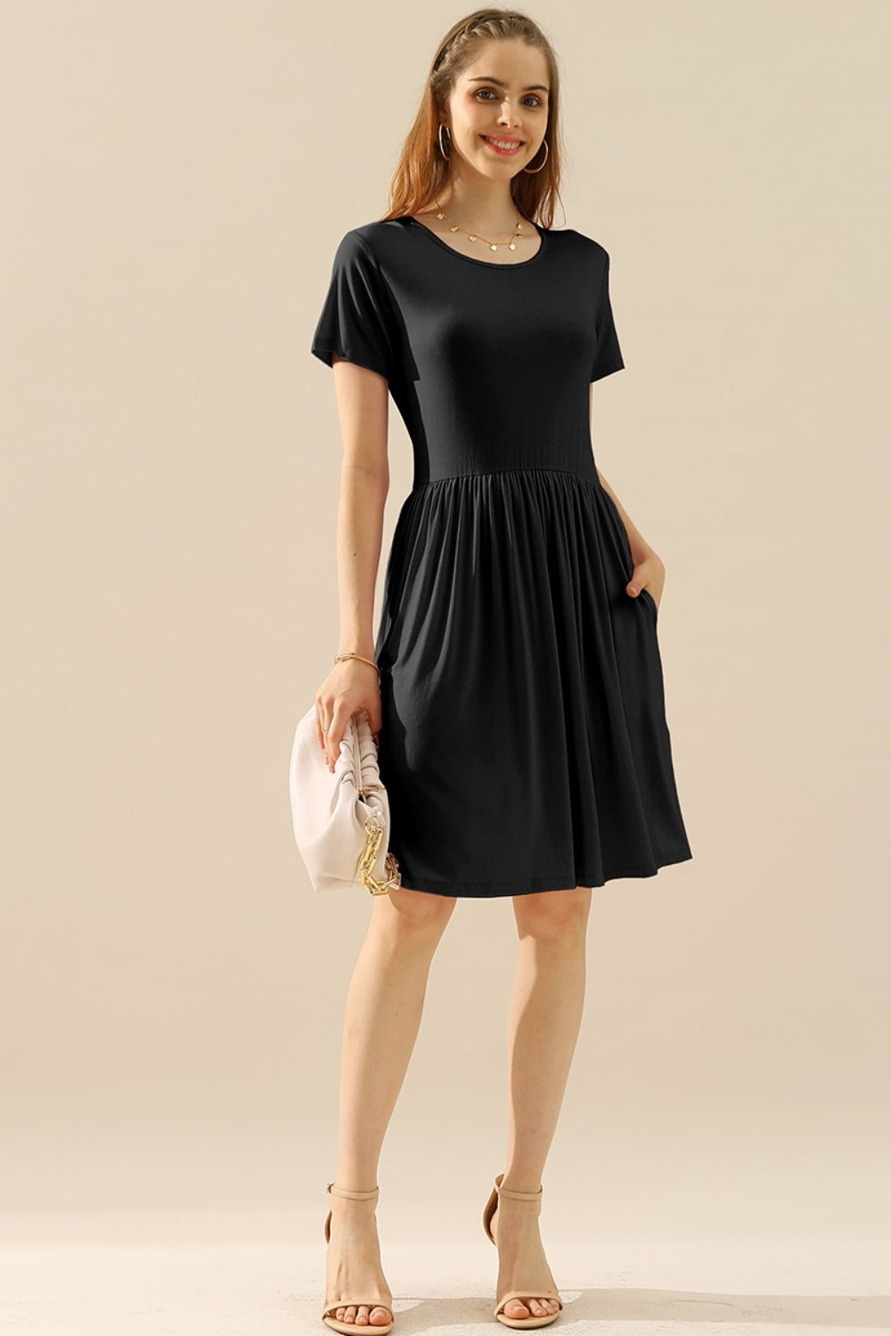 Ninexis Full Size Round Neck Ruched Dress with Pockets - Cocktail Dresses - FITGGINS