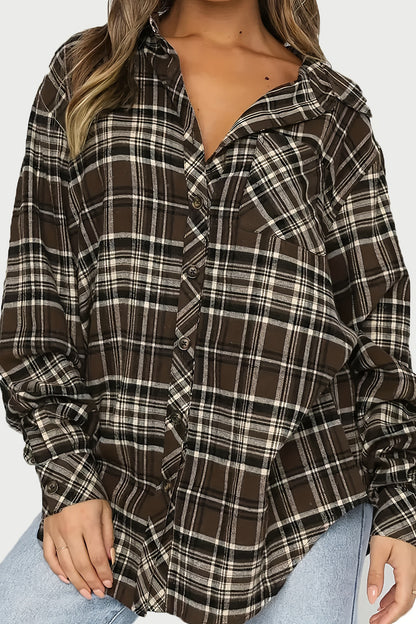 Plaid Collared Neck Long Sleeve Shirt - Shirts - FITGGINS