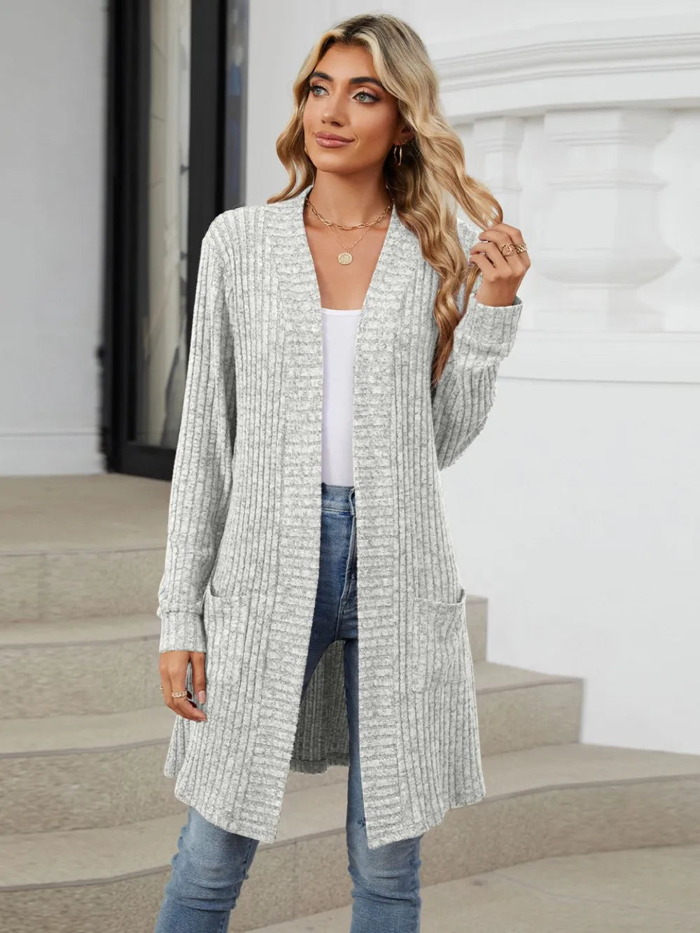 Open Front Long Sleeve Cardigan Light Gray Fitggins