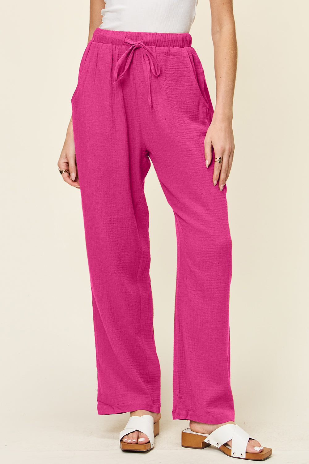 Double Take Full Size Texture Drawstring Straight Pants - Pants - FITGGINS