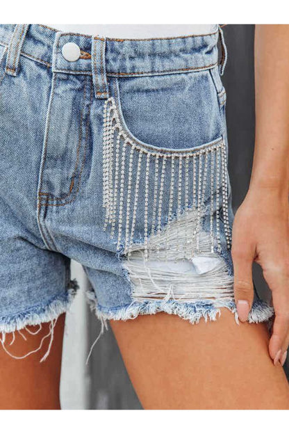 Distressed Fringe Denim Shorts with Pockets - Denim Shorts - FITGGINS