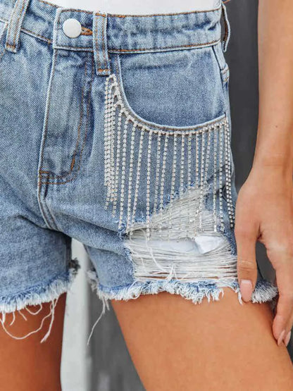 Distressed Fringe Denim Shorts with Pockets Fitggins