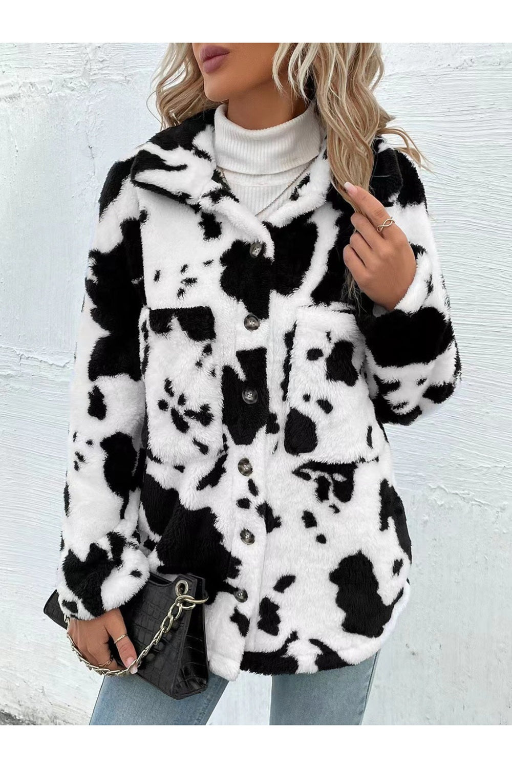 Cow Print Collared Neck Button Up Fuzzy Jacket - Jackets - FITGGINS