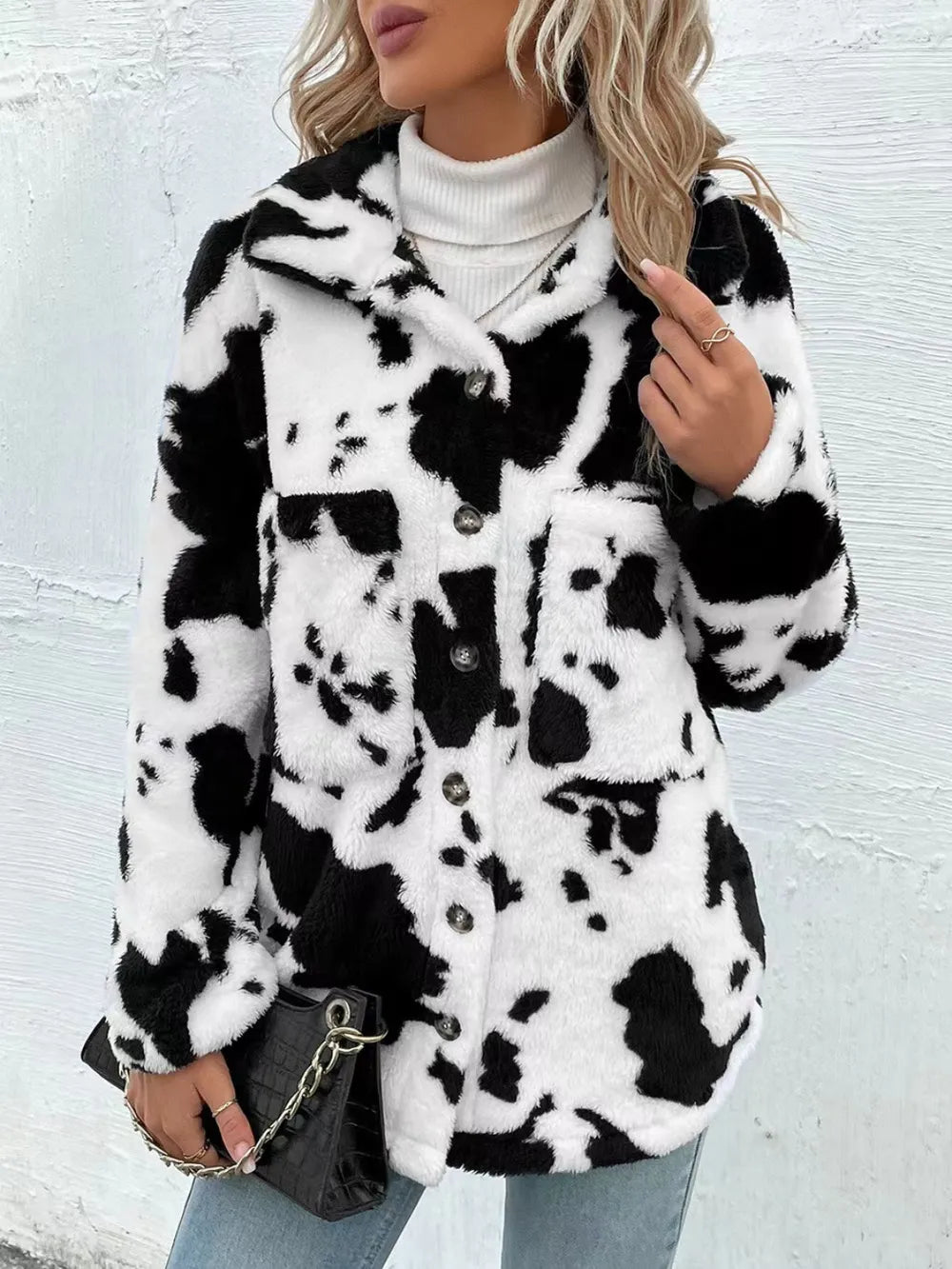 Cow Print Collared Neck Button-Up Fuzzy Jacket Fitggins