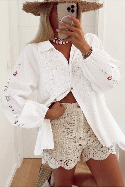 Embroidered Eyelet Collared Long Sleeve Shirt Fitggins
