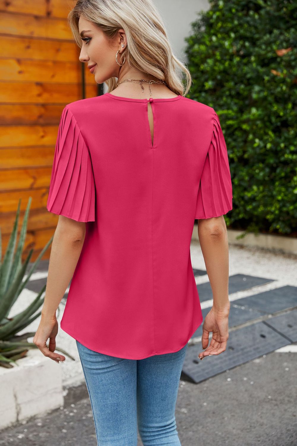 Pleated Flutter Sleeve Round Neck Blouse Fitggins