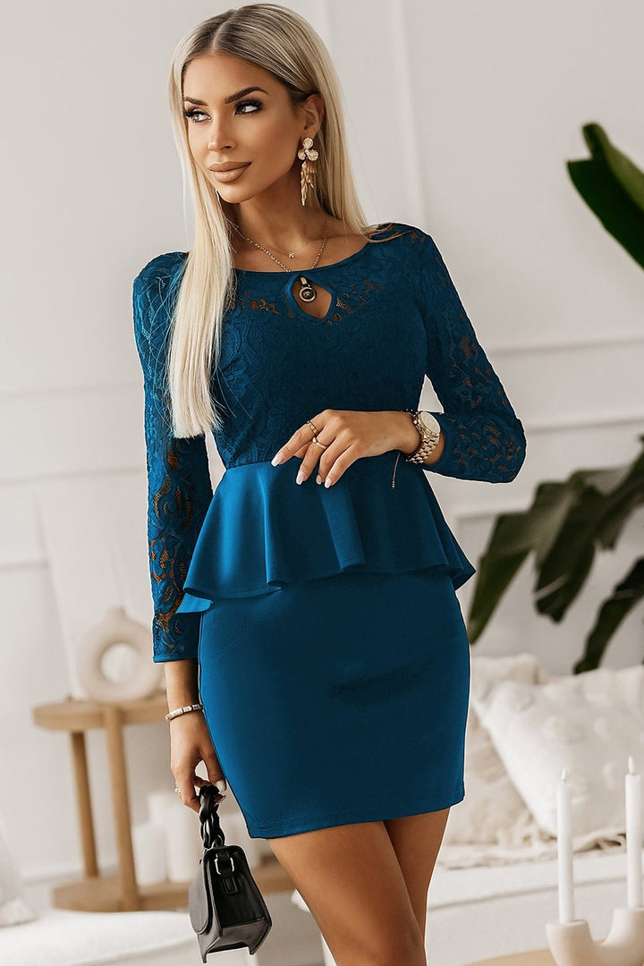 Lace Detail Long Sleeve Mini Dress - Cocktail Dresses - FITGGINS