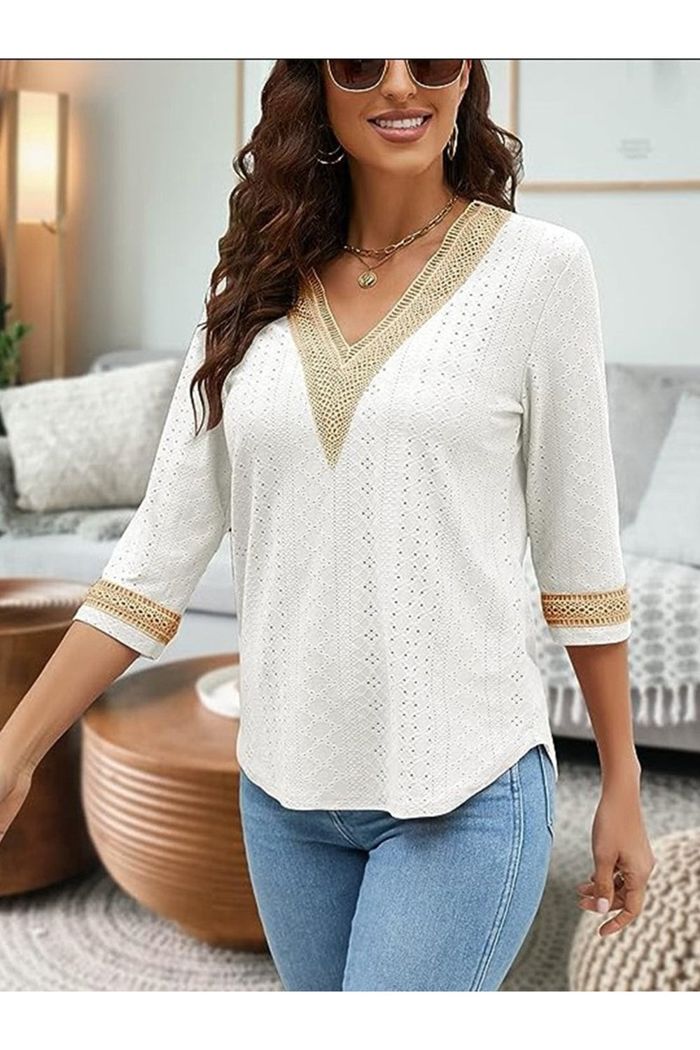 V-Neck Eyelet Blouse - Blouses - FITGGINS