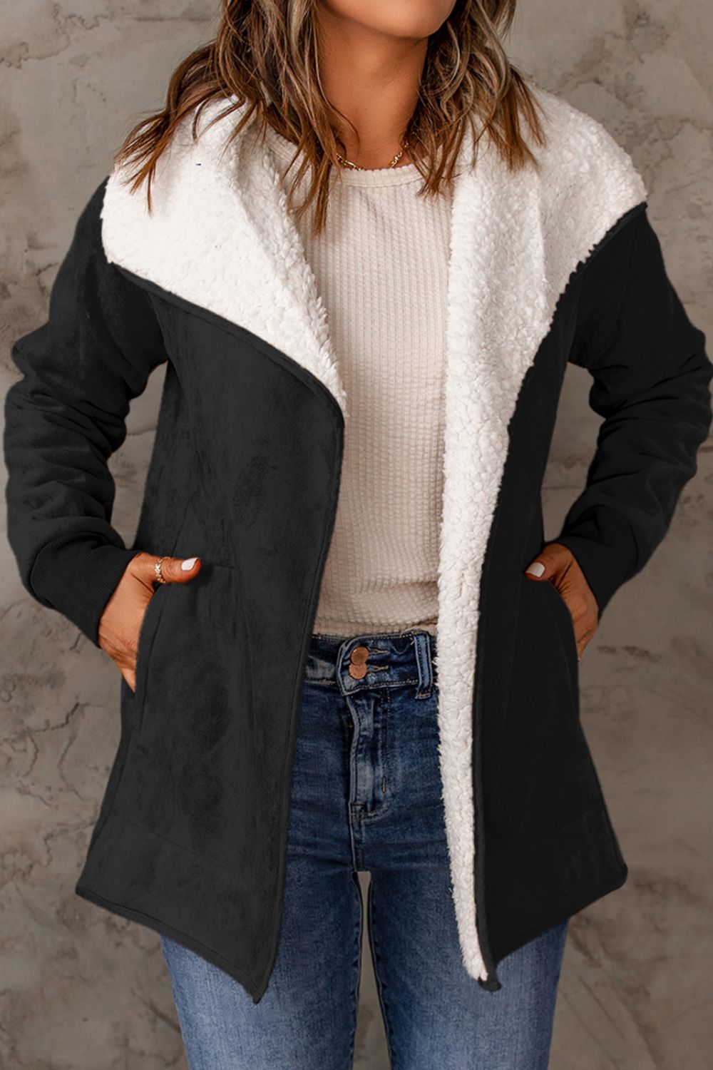 Open Front Long Sleeve Sherpa Jacket - Jackets - FITGGINS