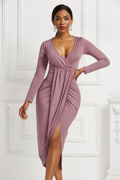 High-low Ruched Surplice Long Sleeve Dress - Cocktail Dresses - FITGGINS