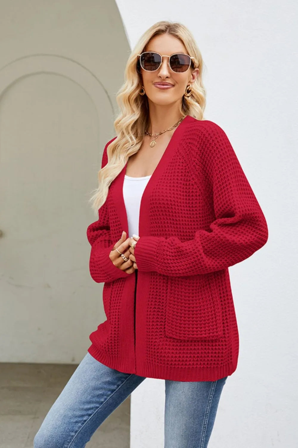 Open Front Raglan Sleeve Pocketed Cardigan Fitggins