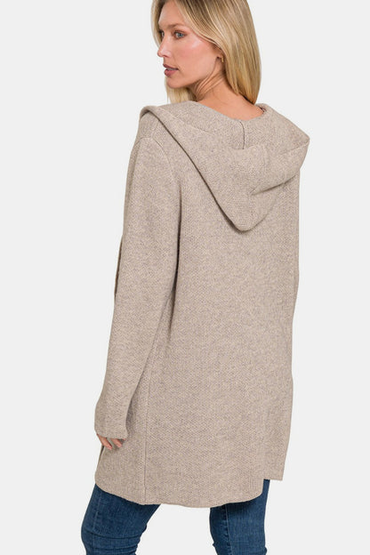 Zenana Hooded Open Front Sweater Cardigan - Cardigans - FITGGINS