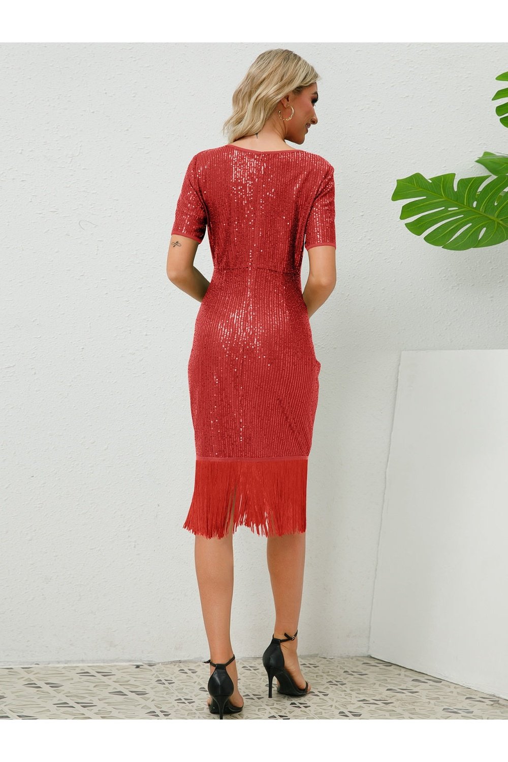Tassel Sequin Short Sleeve Dress - Cocktail Dresses - FITGGINS