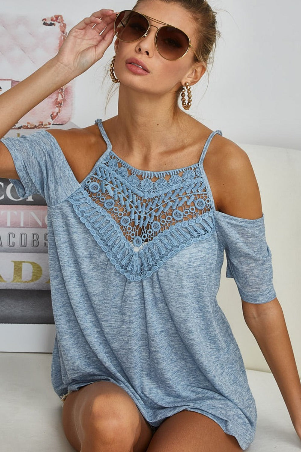 BiBi Front Crochet Lace Adjustable Strap Top - Shirts - FITGGINS