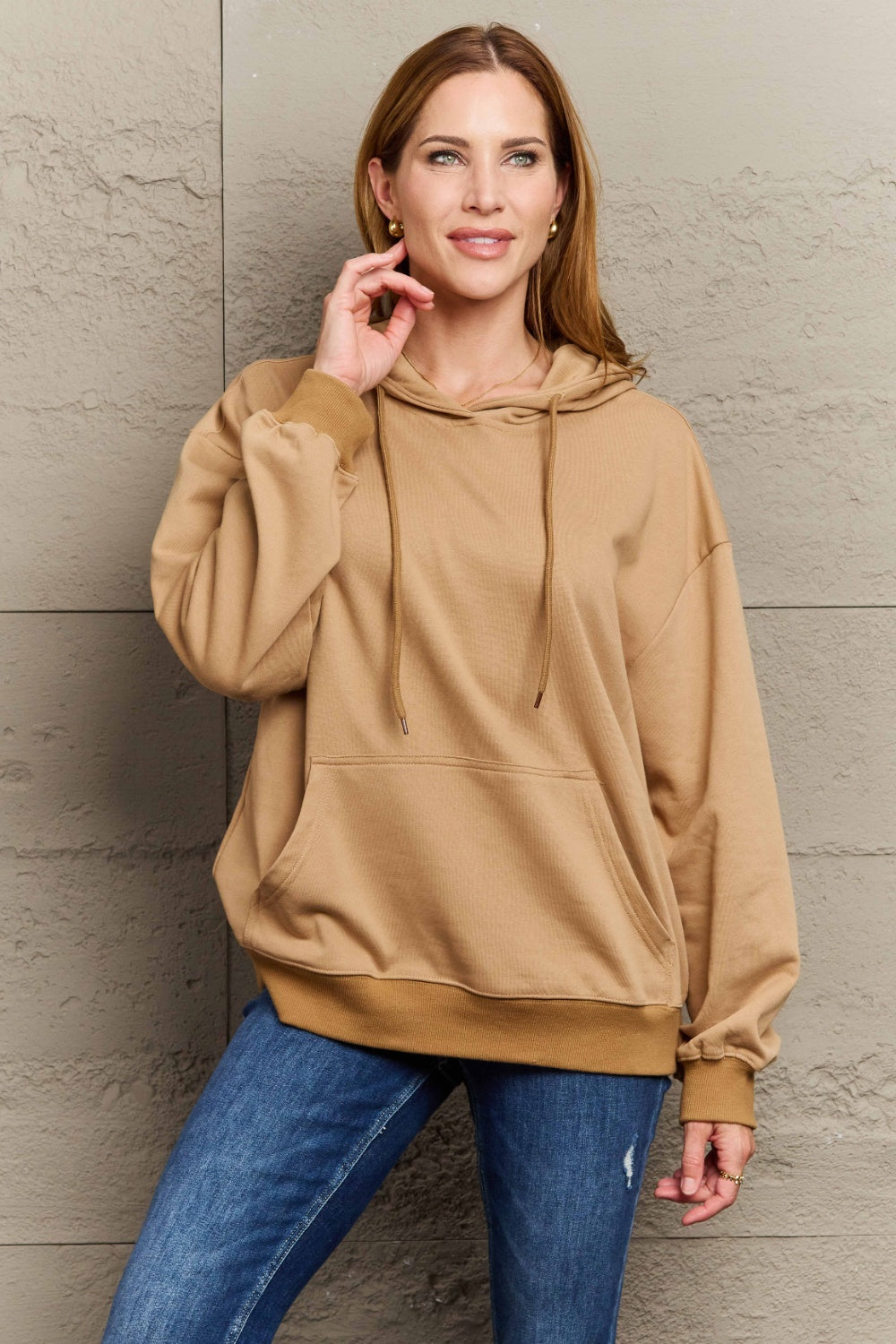 Full Size Long Sleeve Dropped Shoulder Hoodie - Sweatshirts & Hoodies - FITGGINS