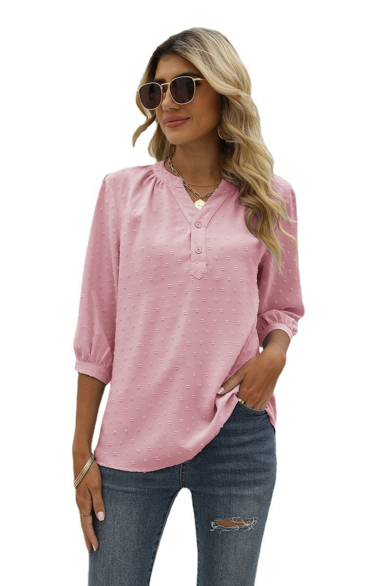 Swiss Dot Notched Neck Three-Quarter Sleeve Blouse Fitggins