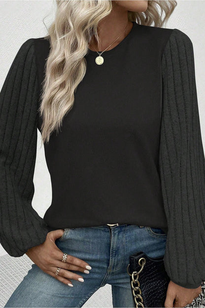 Ribbed Round Neck Long Sleeve Knit Top - Blouses - FITGGINS